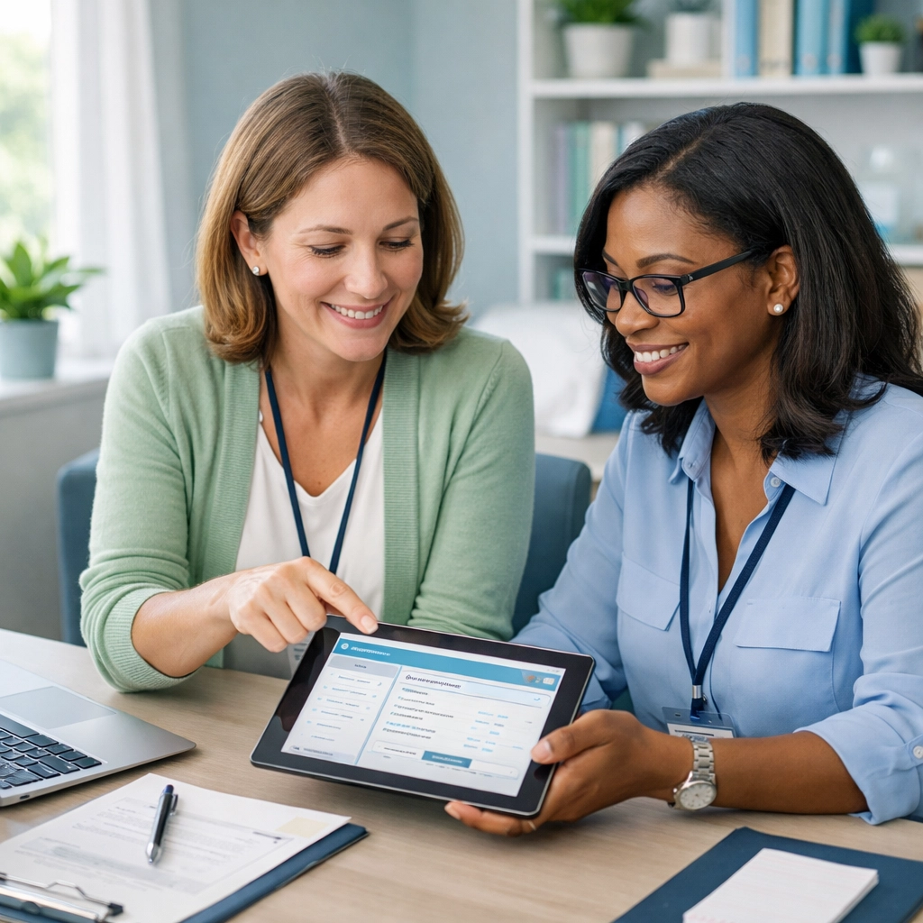 Mental health billing specialist and therapist collaborating on patient charts with digital tablet