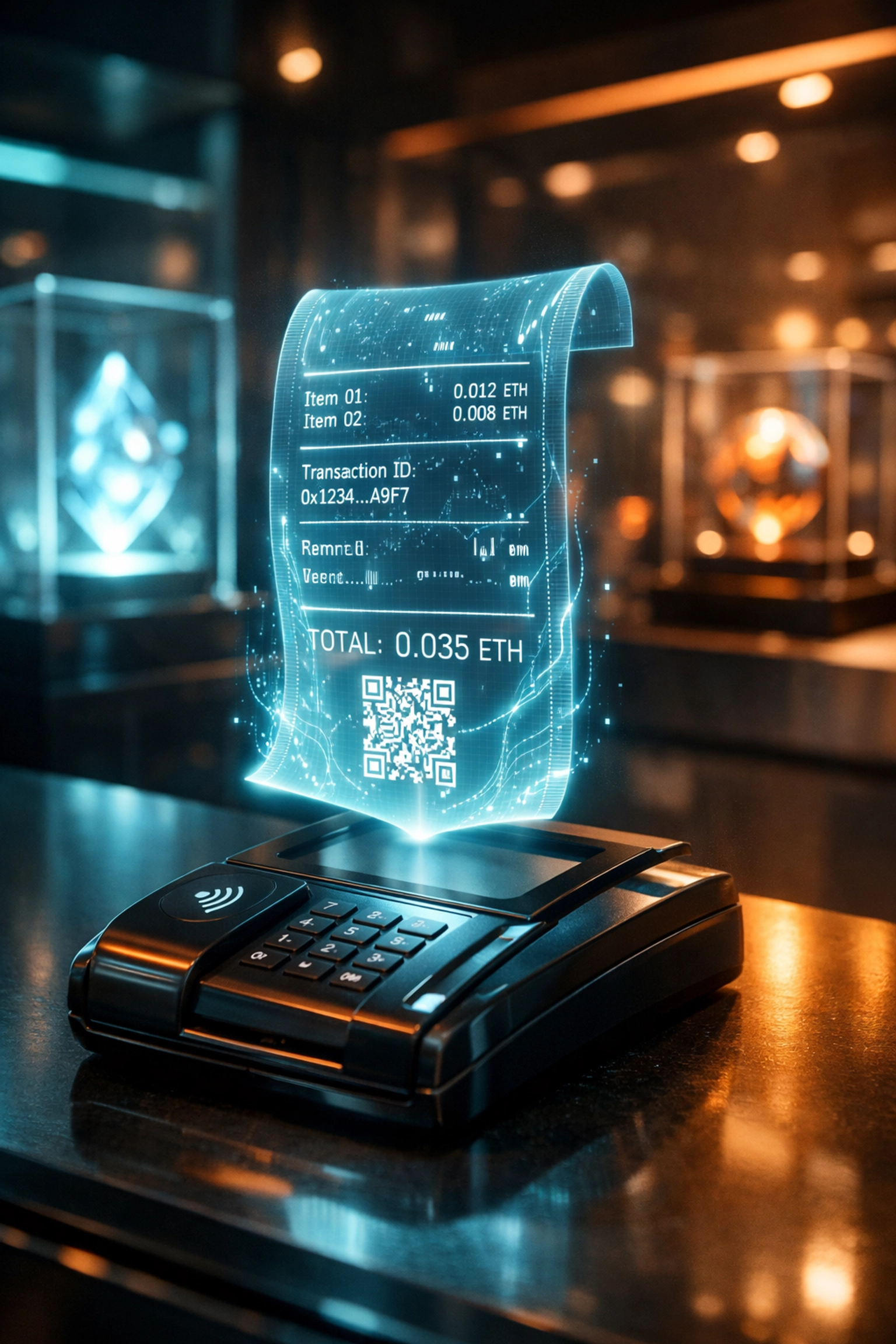 Futuristic retail checkout with a digital holographic receipt for secure, low-fee Web3 crypto merchant payments.