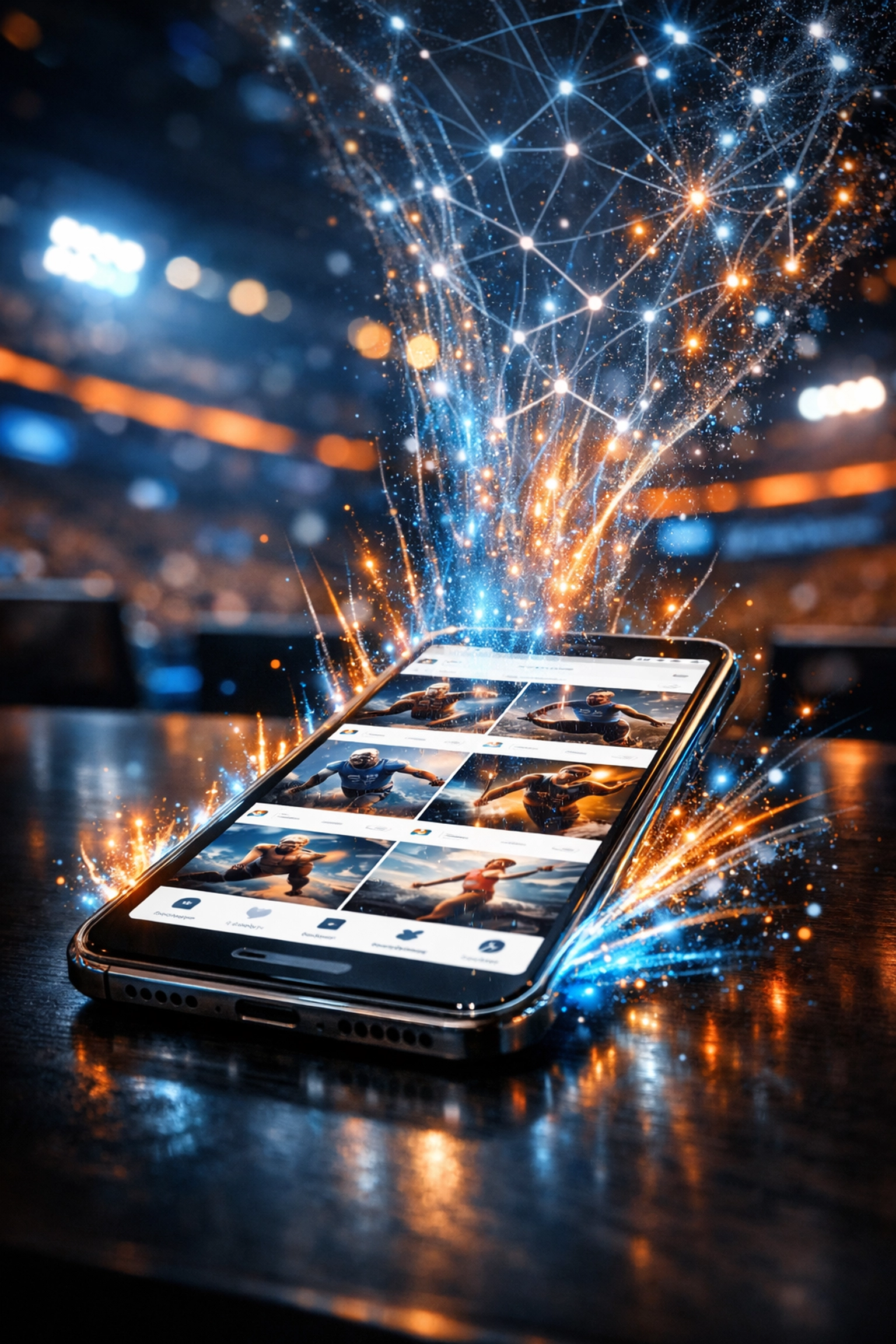 Digital social media network on a smartphone showing athlete ambassadors for a Super Bowl NIL campaign.