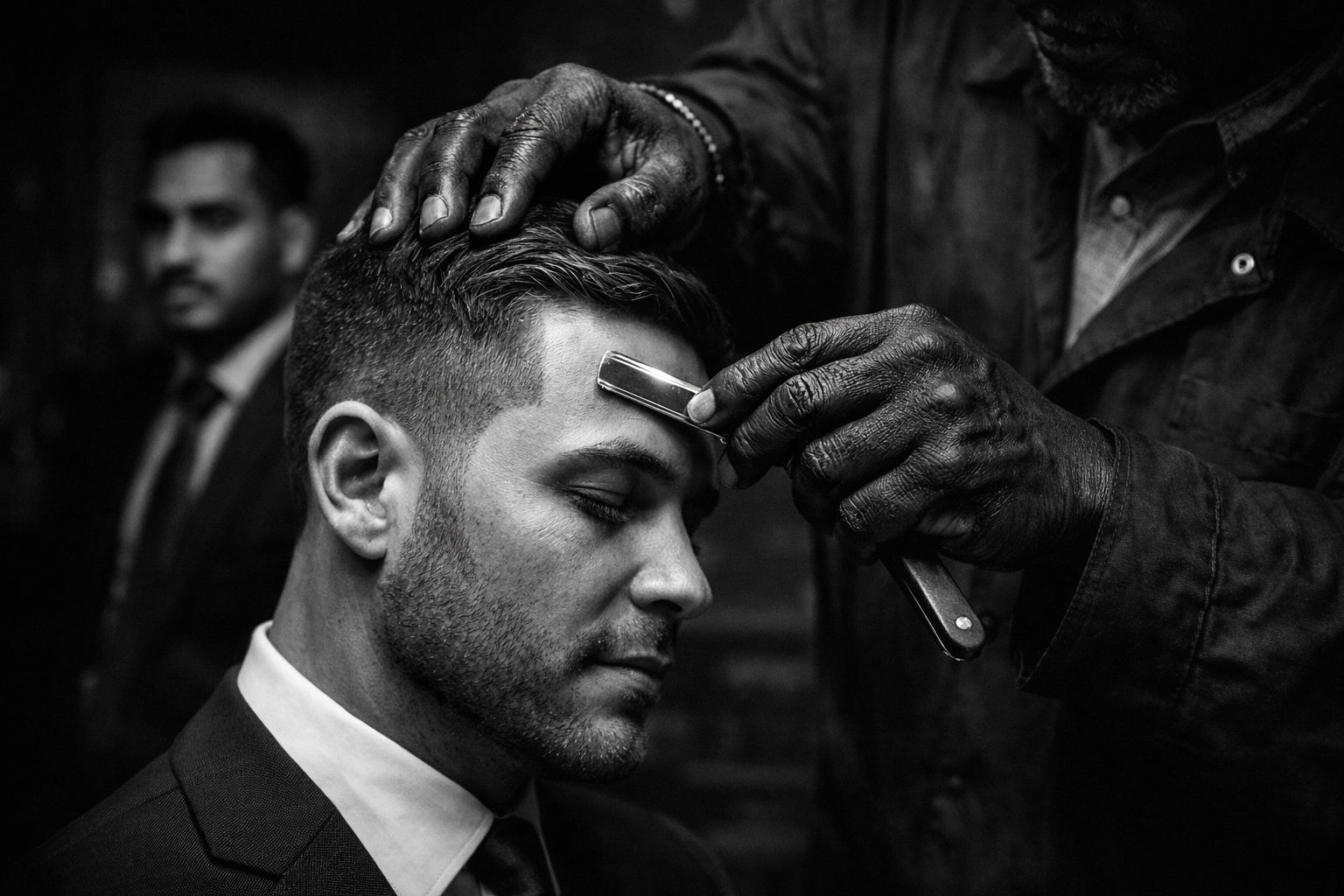 Master Barber performing a precision straight razor line-up for a client in West Chester, Ohio.