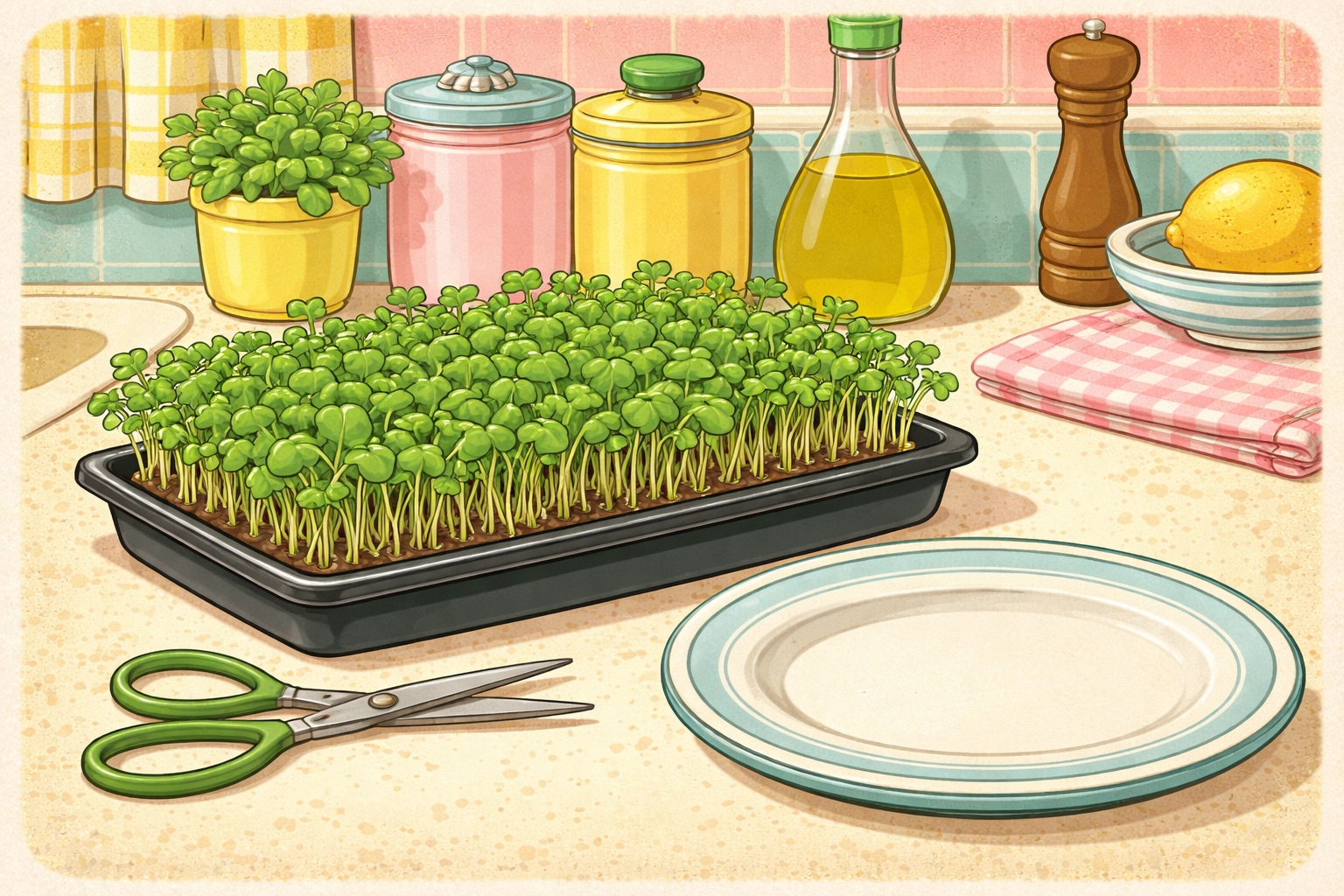 A tray of lush microgreens on a whimsical kitchen counter with scissors and a plate ready for serving, 1950s hand-drawn storybook style