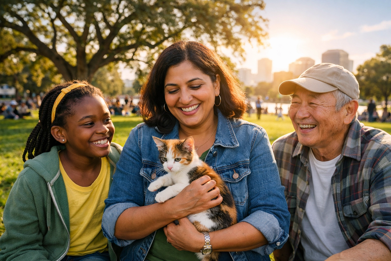 Diverse community advocates in Oakland holding a kitten, supporting California's animal welfare legislation.