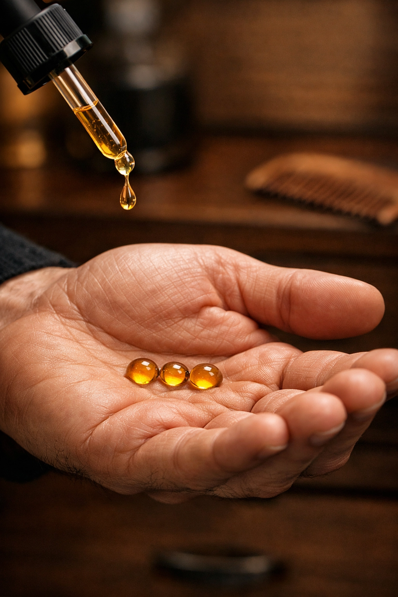 A man applying three drops of high-quality beard oil into his hand as part of an effective grooming routine.