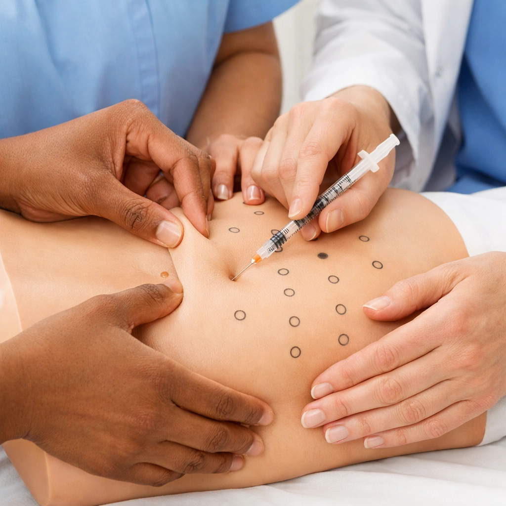 Proper GLP-1 injection technique demonstration showing safe administration sites