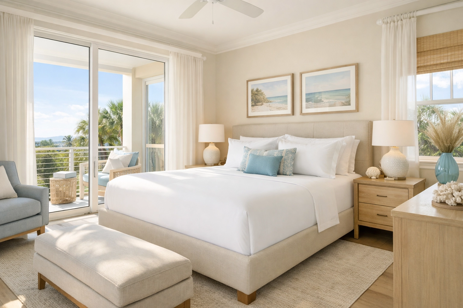 Pristine Sarasota luxury Airbnb bedroom with crisp white linens ready for guest arrival.