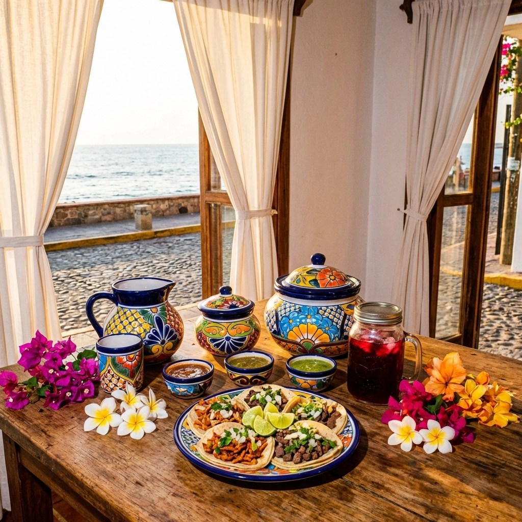 Traditional Mexican table with talavera pottery, tacos, and tropical decor highlighting authentic Puerto Vallarta experiences