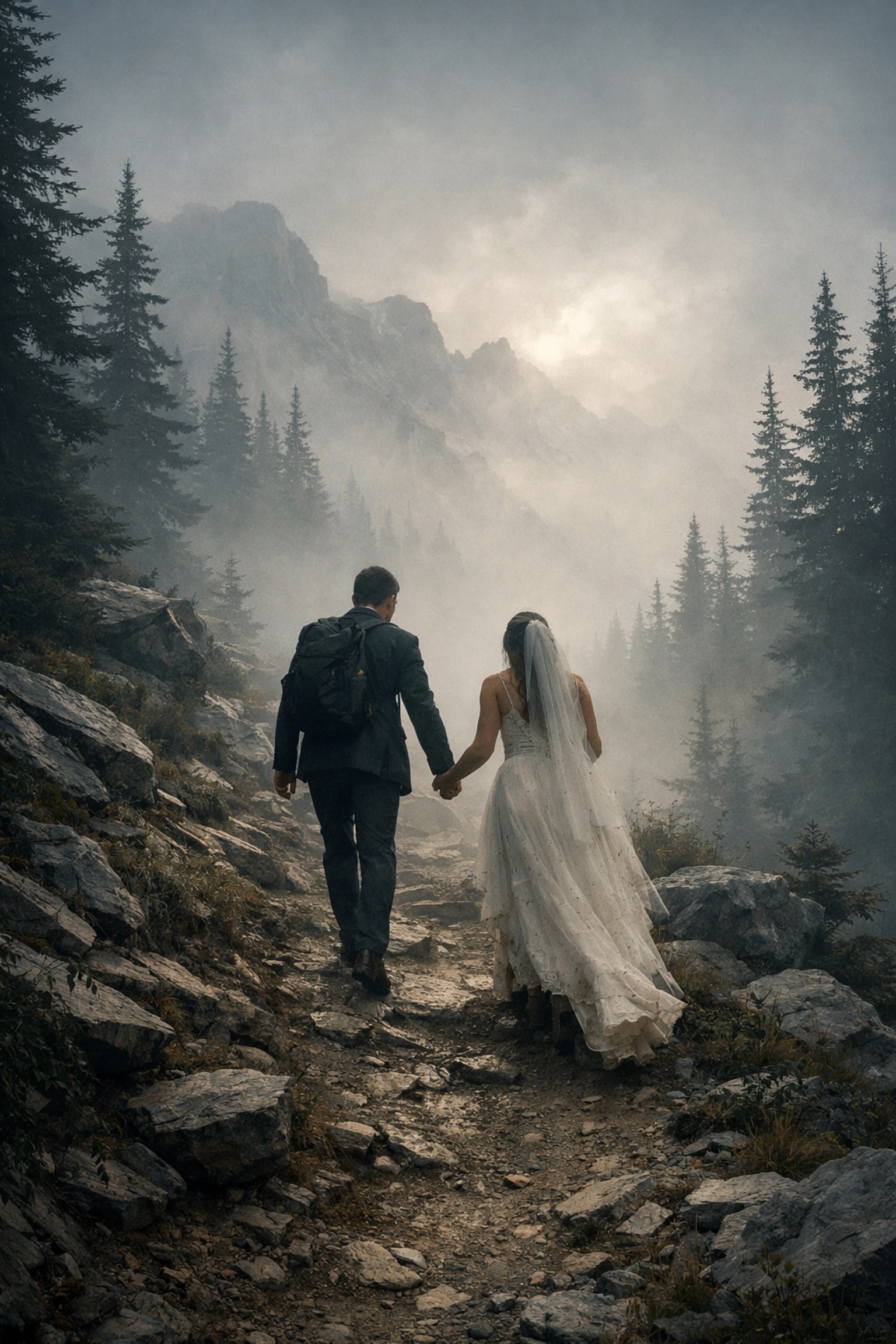 Bride and groom hiking hand-in-hand on misty Banff mountain trail during adventure elopement