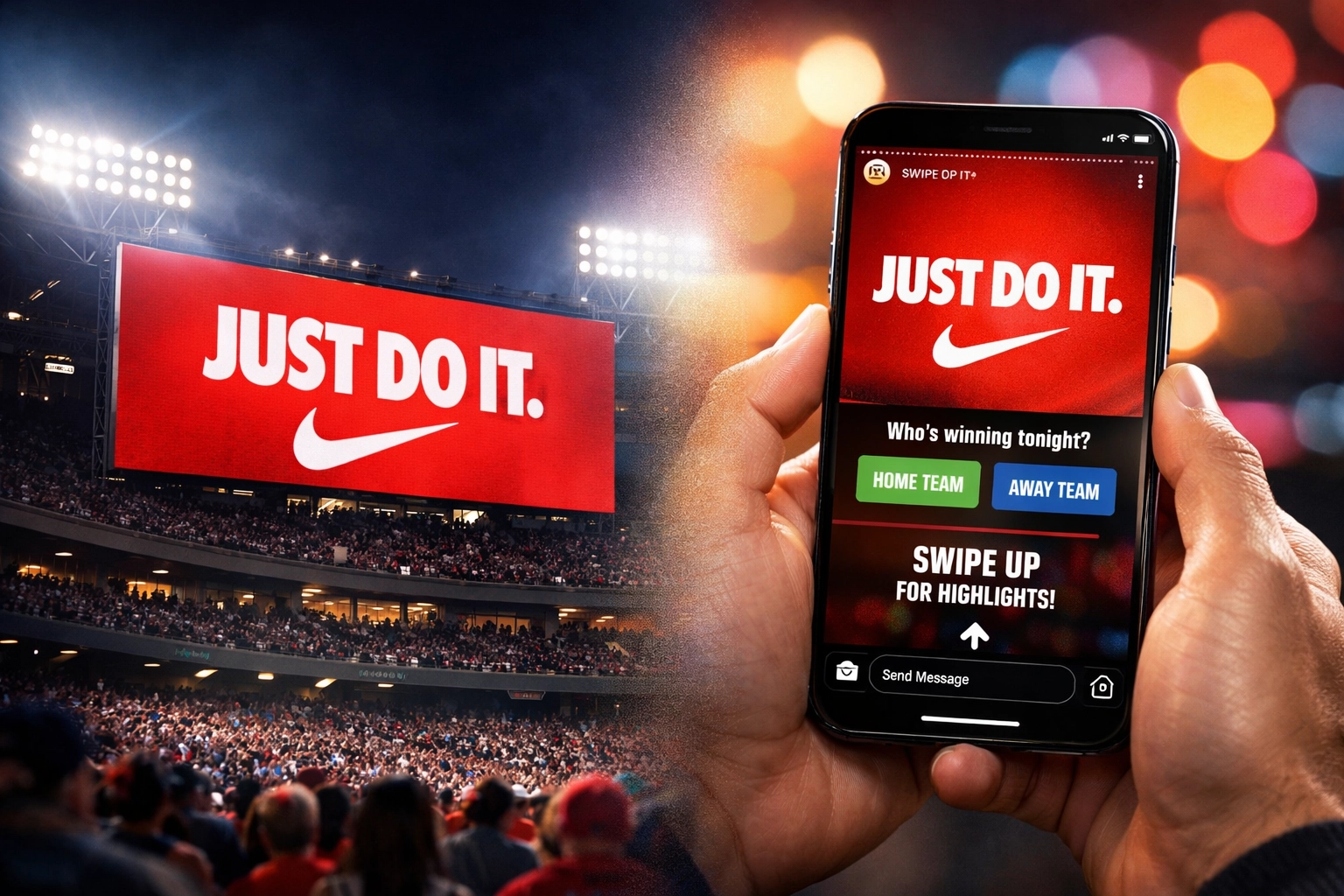 Multi-channel sports marketing integration showing stadium billboard advertising and mobile social media engagement