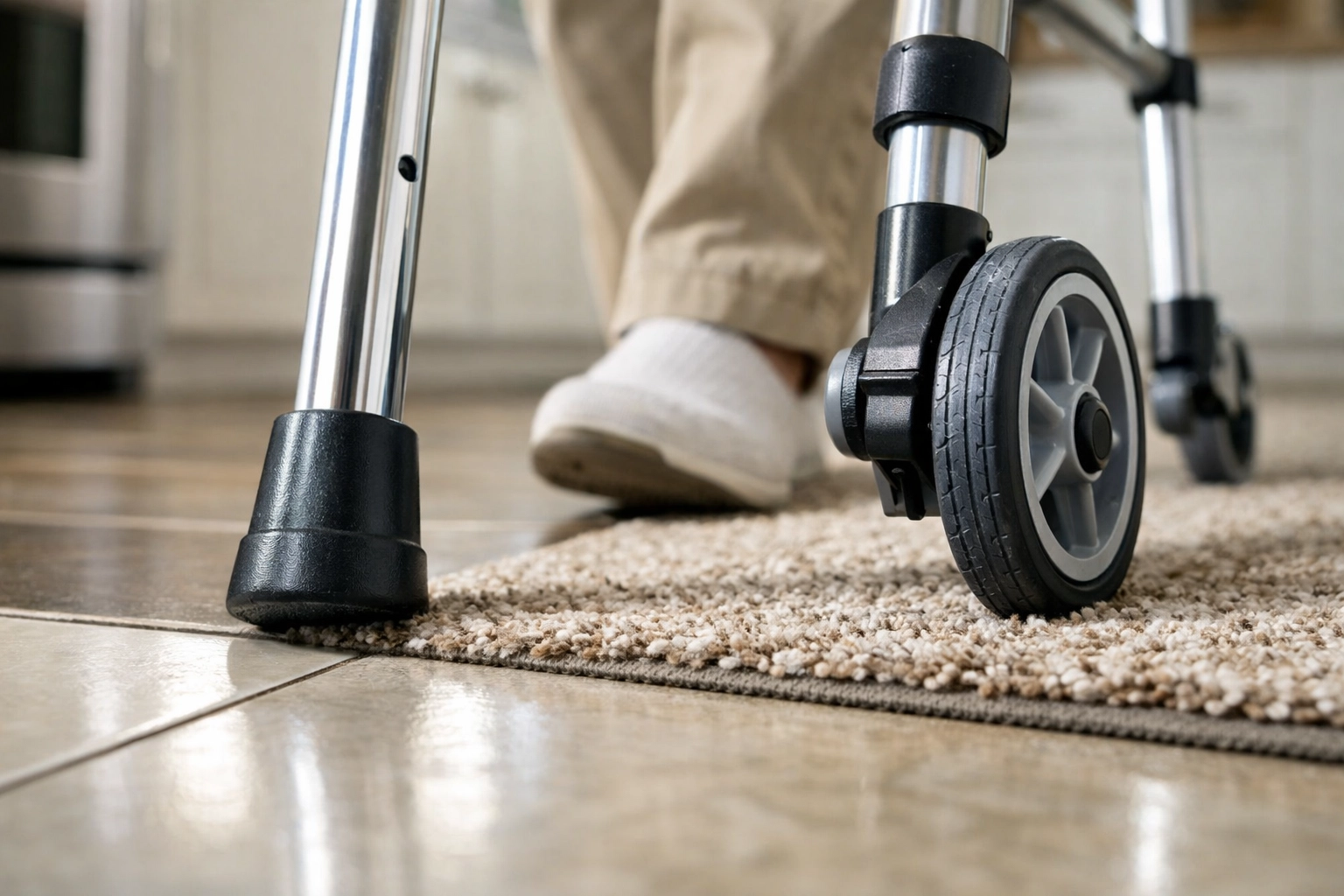 Walker rubber tips and wheels moving safely from smooth tile flooring to a low-pile area rug.