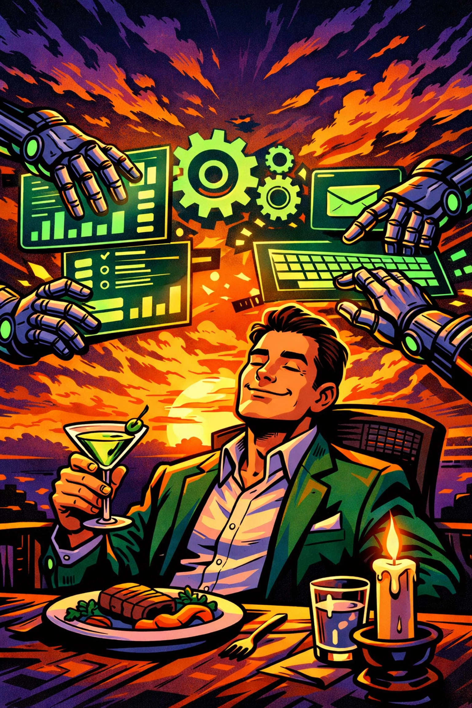 Business owner relaxing at dinner while automated workflows manage company tasks and digital operations.