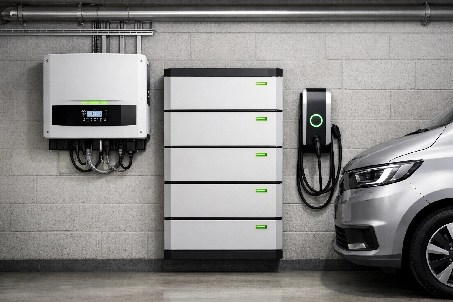 Commercial solar inverter and battery storage system with integrated EV charging for business energy.