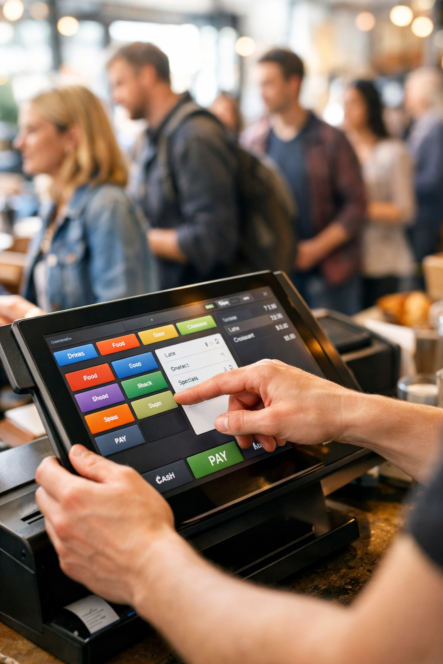 Hands operating EPOS system touchscreen during busy service with customers queuing in background