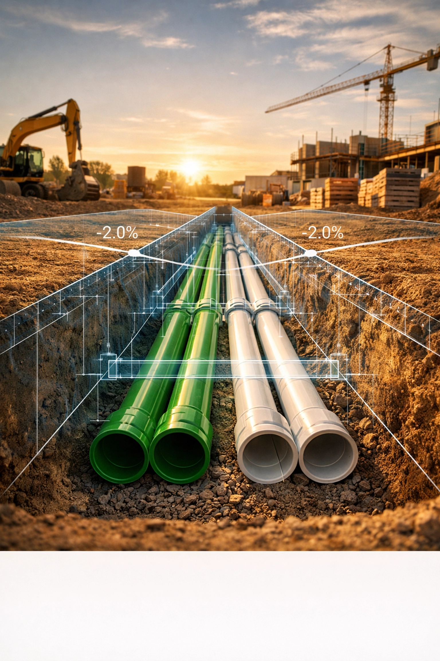 Construction of underground utilities and site servicing pipes perfectly aligned with the project's grading plan.