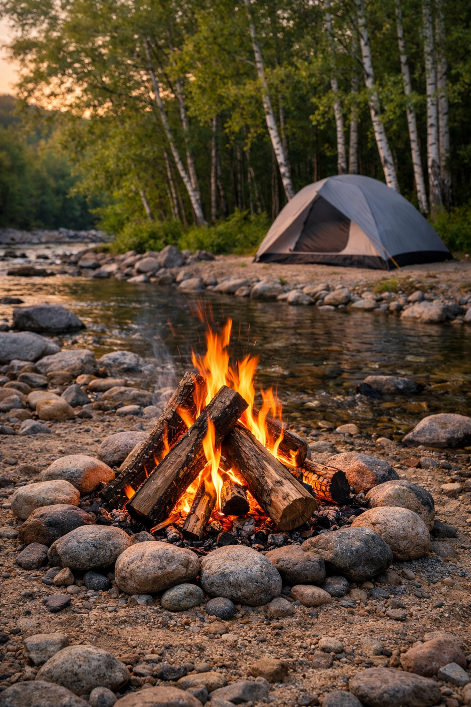 Safely contained campfire on river stones near a tent, illustrating fire safety for a wild camping adventure UK.