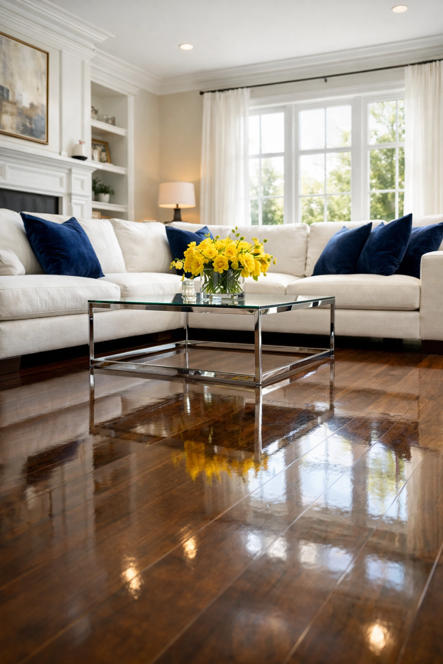 Spotless Belmont living room with clean hardwood floors after a professional residential cleaning service.