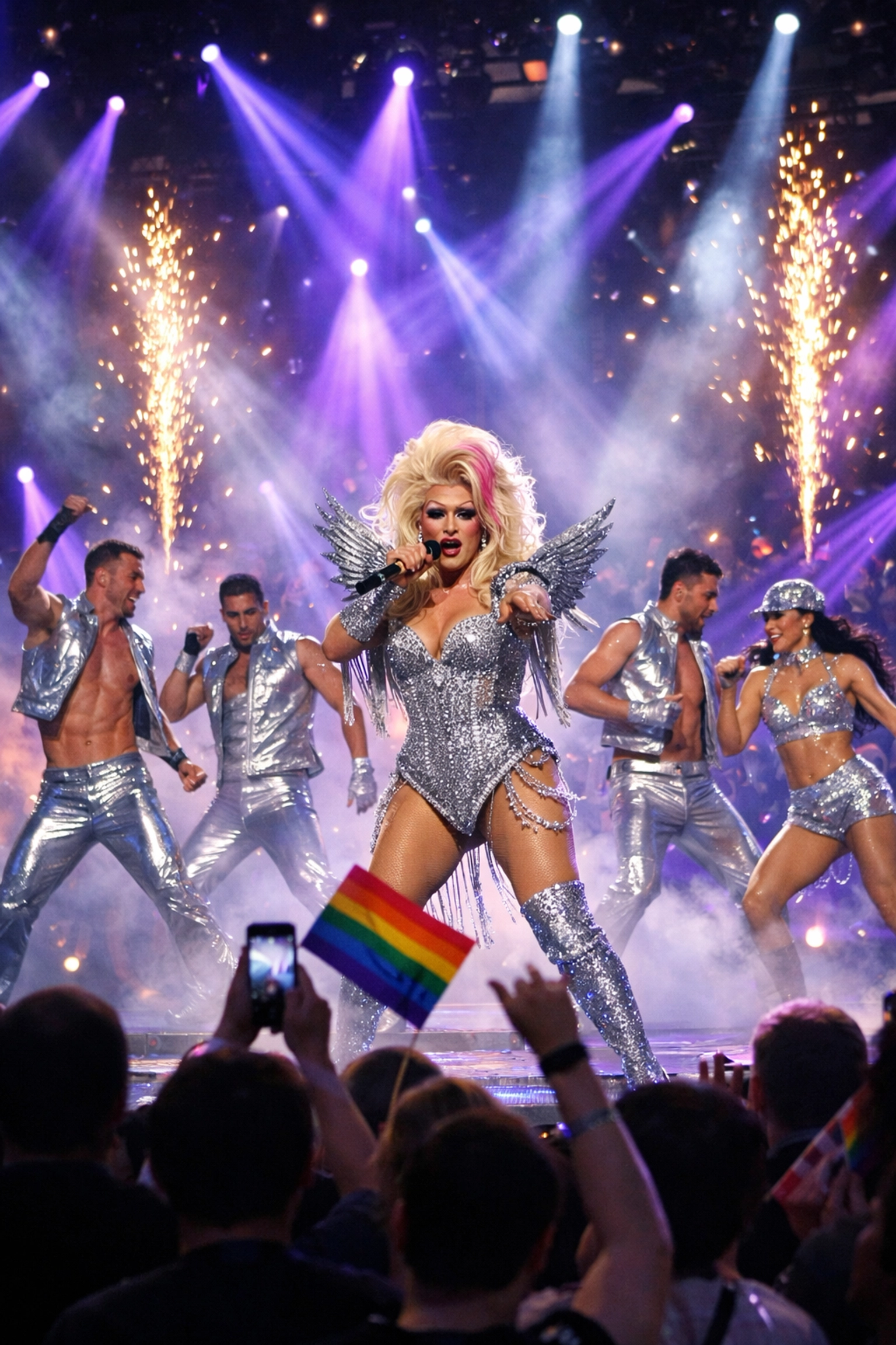 Eurovision 2007 Verka Serduchka performance with backup dancers in silver costumes and dramatic stage lighting