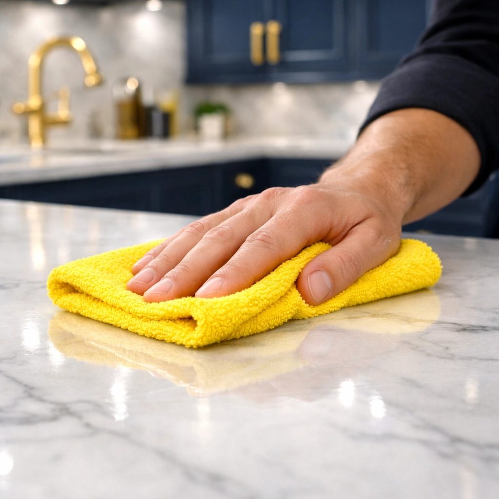 Professional cleaner polishing a marble countertop to a streak-free shine in a Lunenburg home.