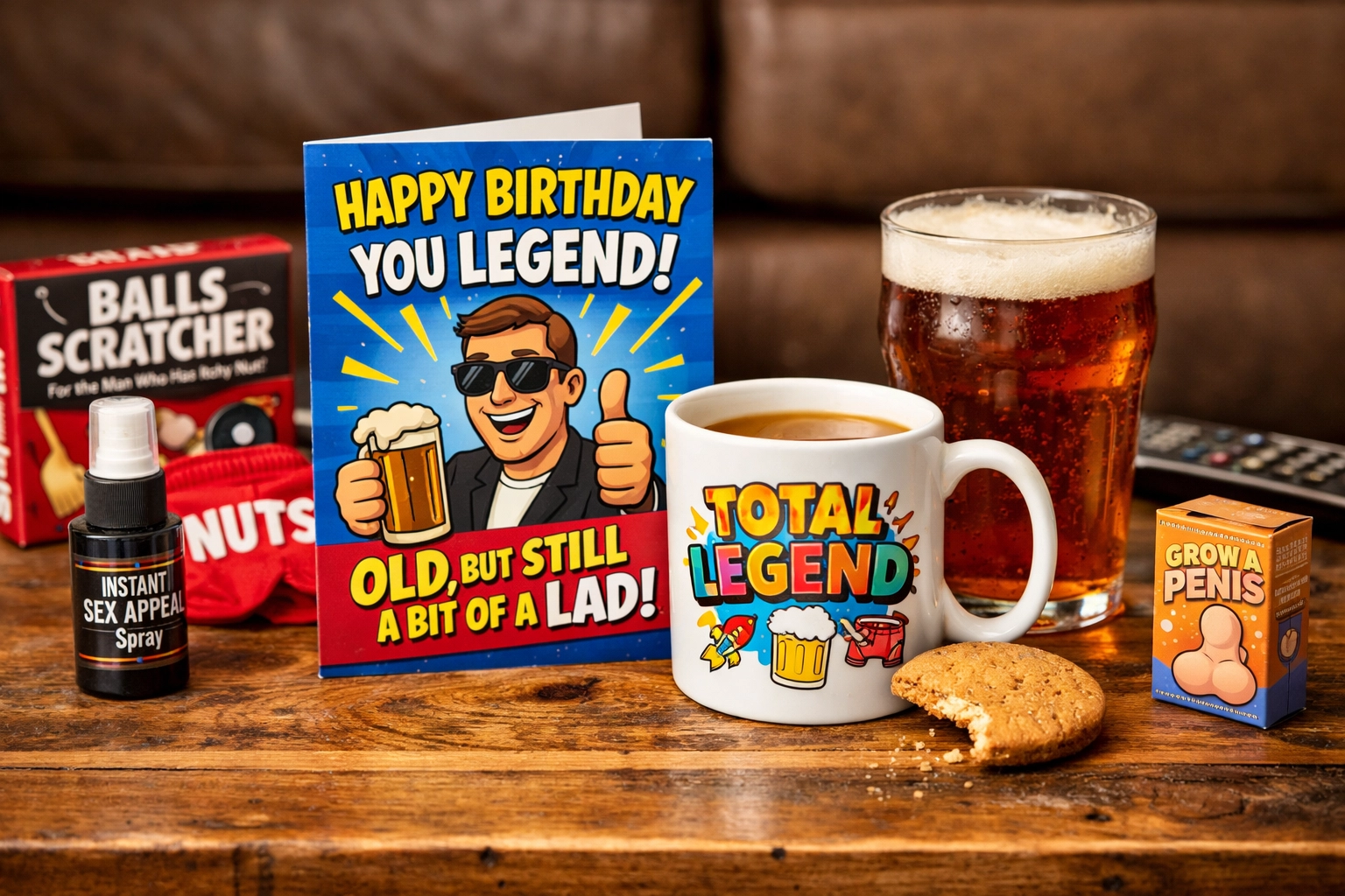 A selection of funny presents for him featuring a cheeky novelty mug and birthday card on a coffee table.