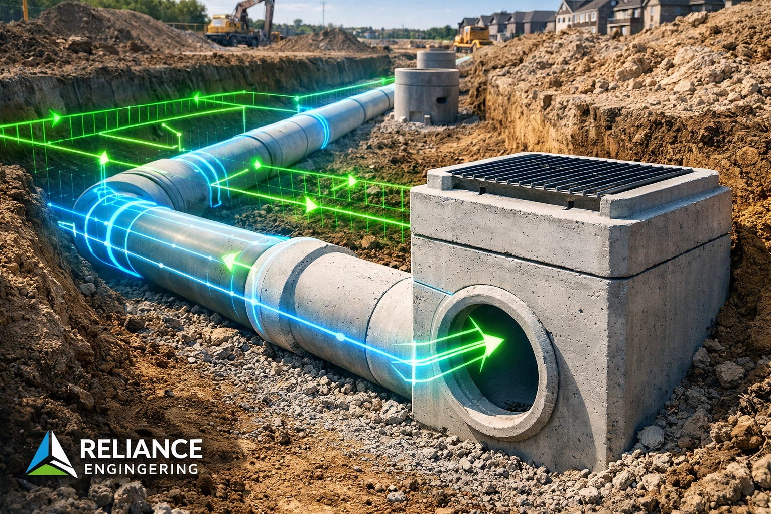 Ontario construction site installation of storm drainage pipes for an approved site servicing plan.