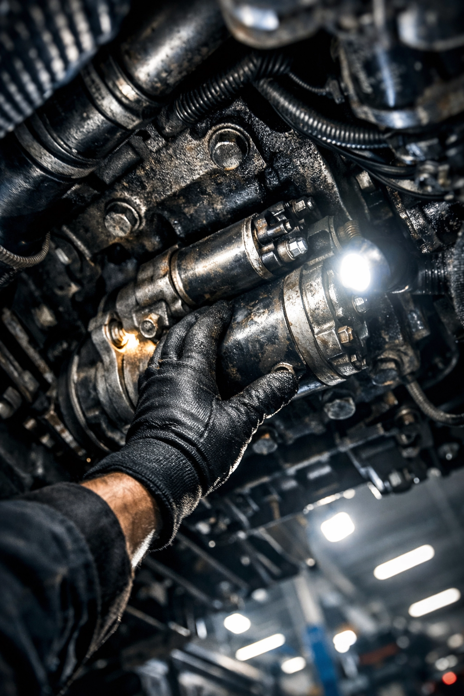 Semi truck mechanic inspecting a starter motor inside a heavy-duty diesel engine bay for repairs.