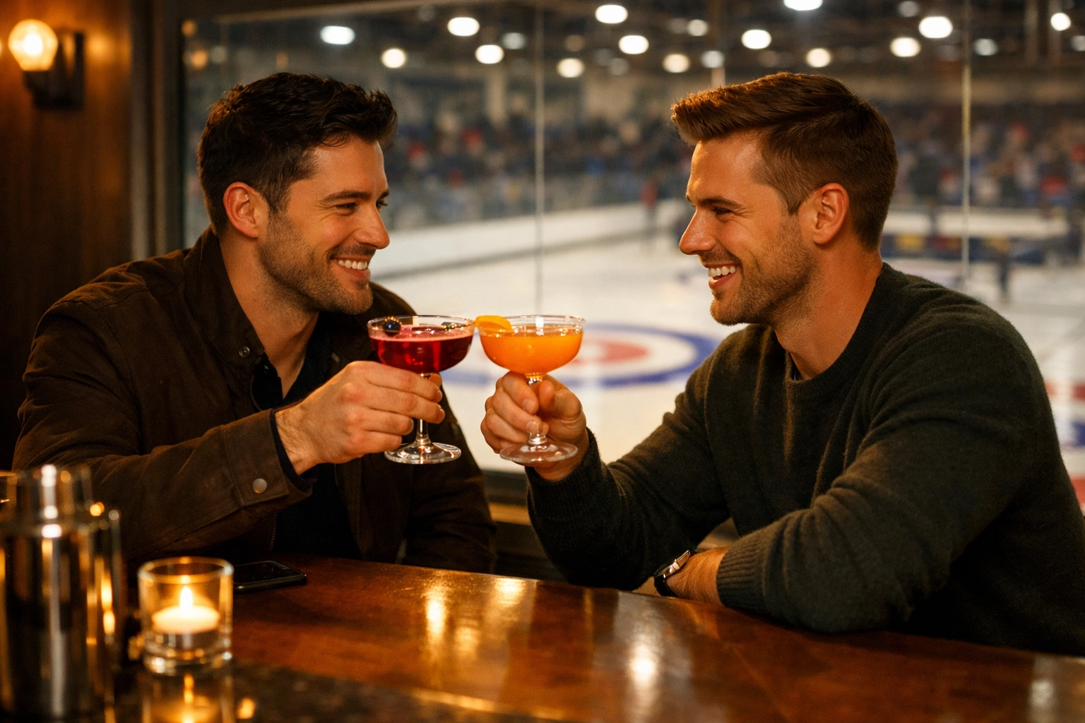 Gay couple clinking cocktails at a bar with a curling rink in the background.