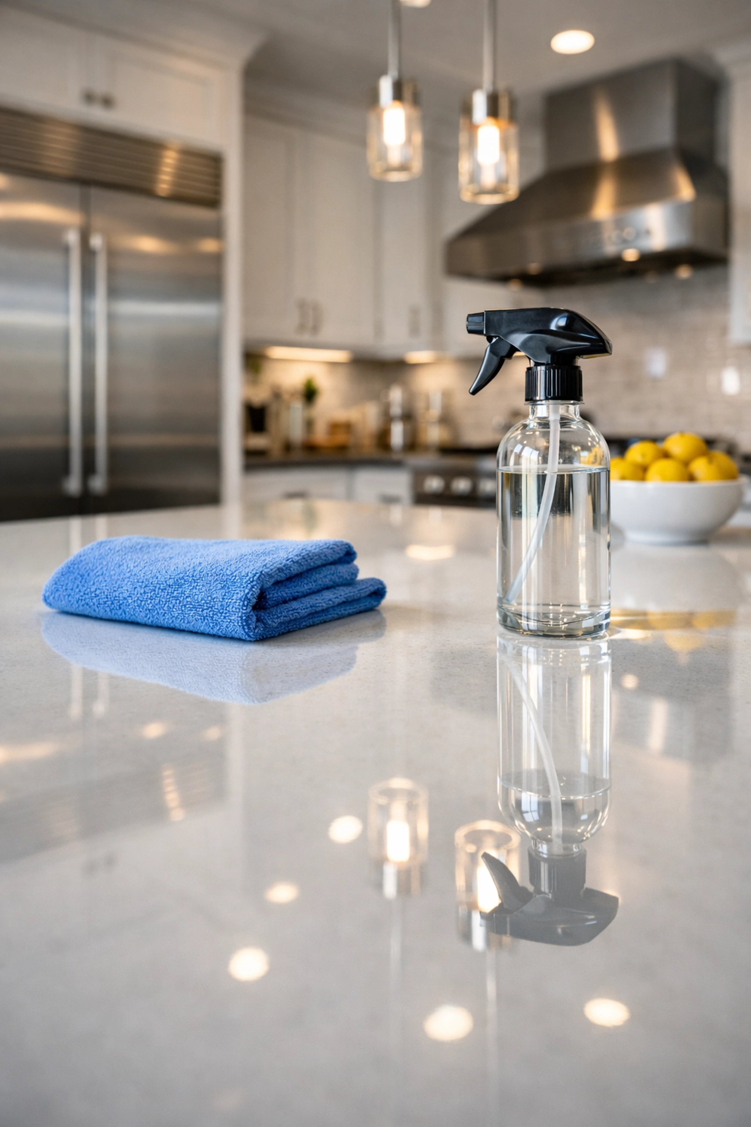 Immaculate kitchen island and polished surfaces showcasing detailed professional house cleaning in Danvers.
