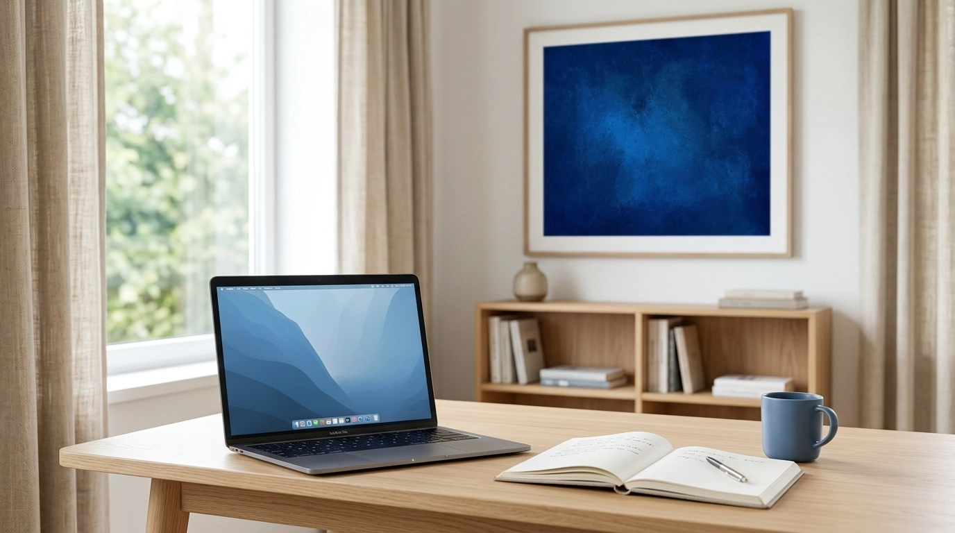 A clean, minimalist home office desk featuring a laptop and a coffee mug.