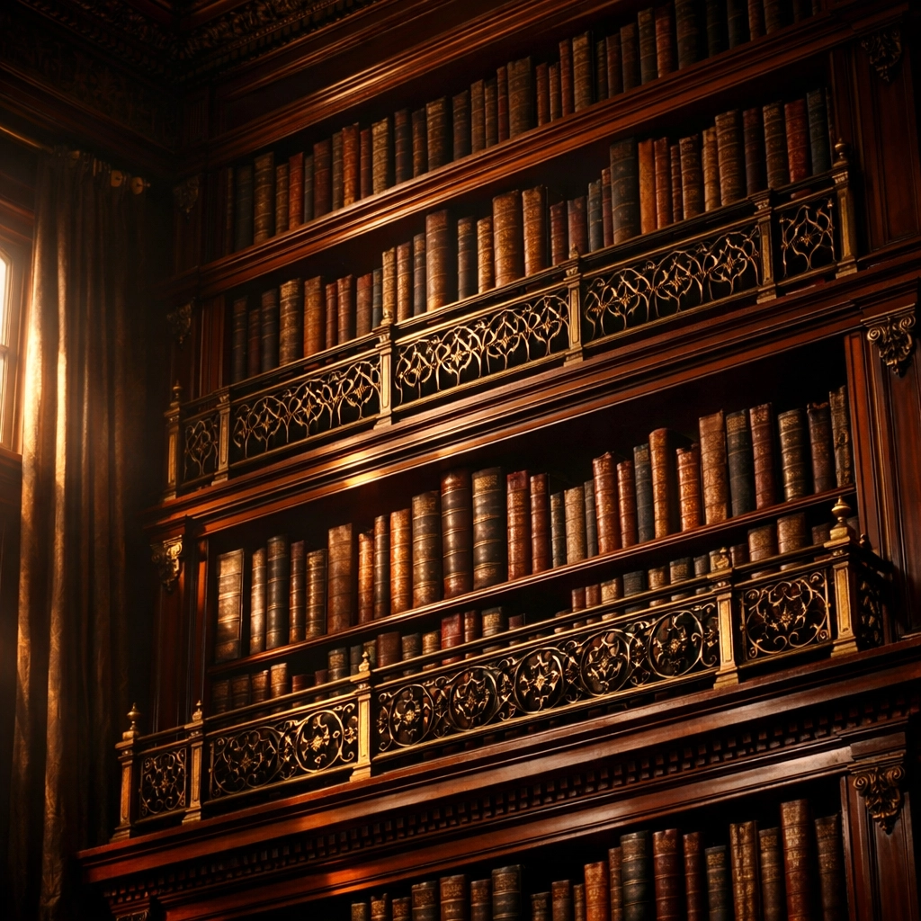 Three-tier mahogany bookcase with bronze grilles at Morgan Library NYC