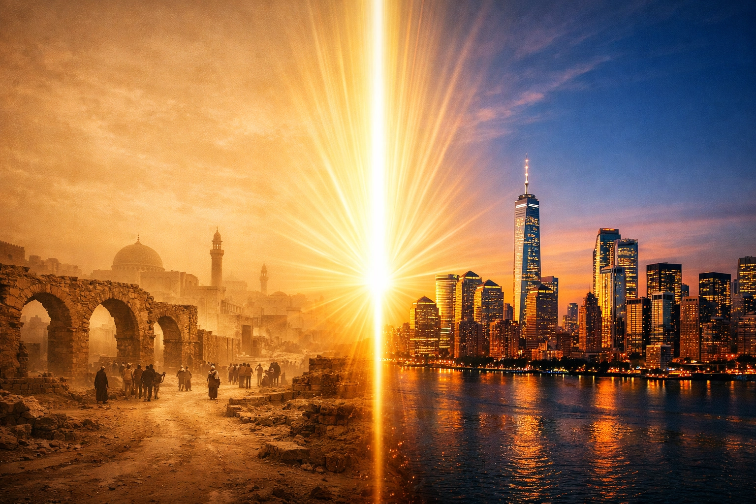 Historical transition from ancient Judea to a modern city skyline, symbolizing the BC and AD calendar split.