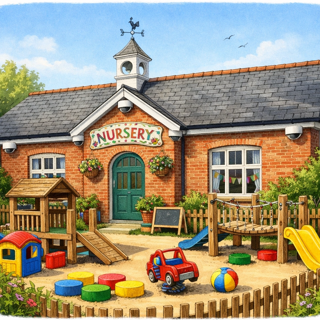 Expert CCTV installation in Worcester on a classic red-brick nursery building for child safeguarding.