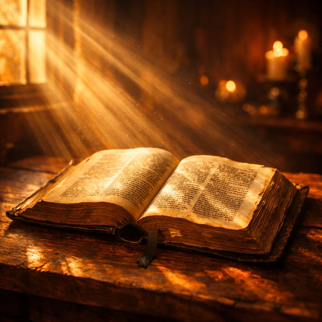 Open Bible illuminated by sunlight on wooden table showing divine inspiration of Scripture