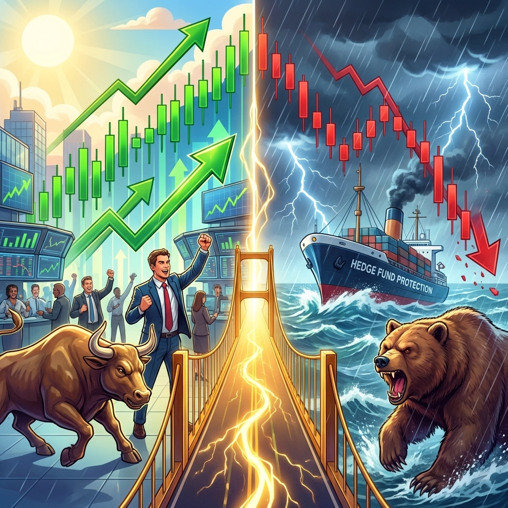 Contrasting bull and bear market scenes illustrating hedge fund strategies for risk management and growth.
