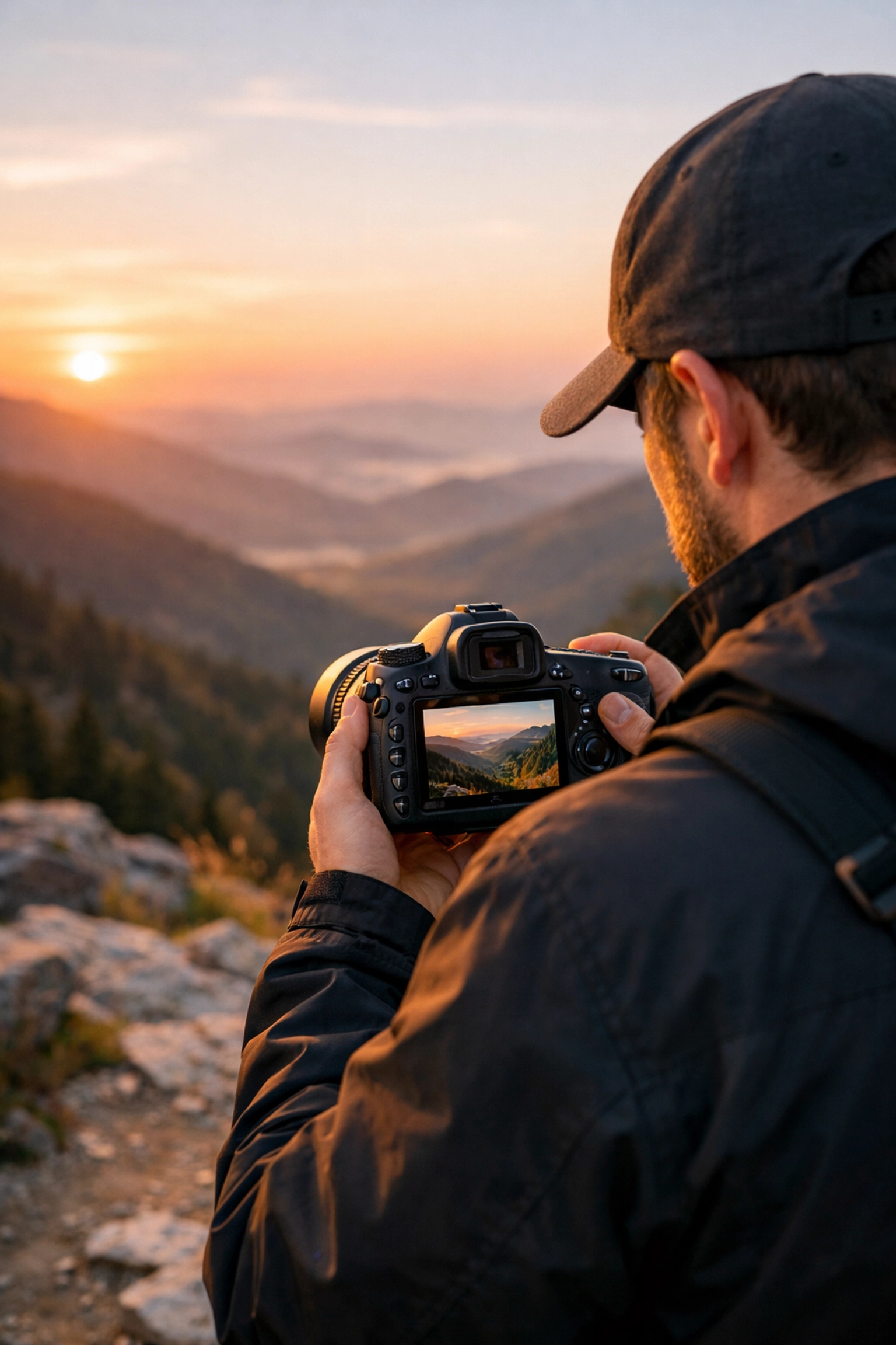 Professional photographer reviewing high-resolution landscape photos for client delivery at sunset.
