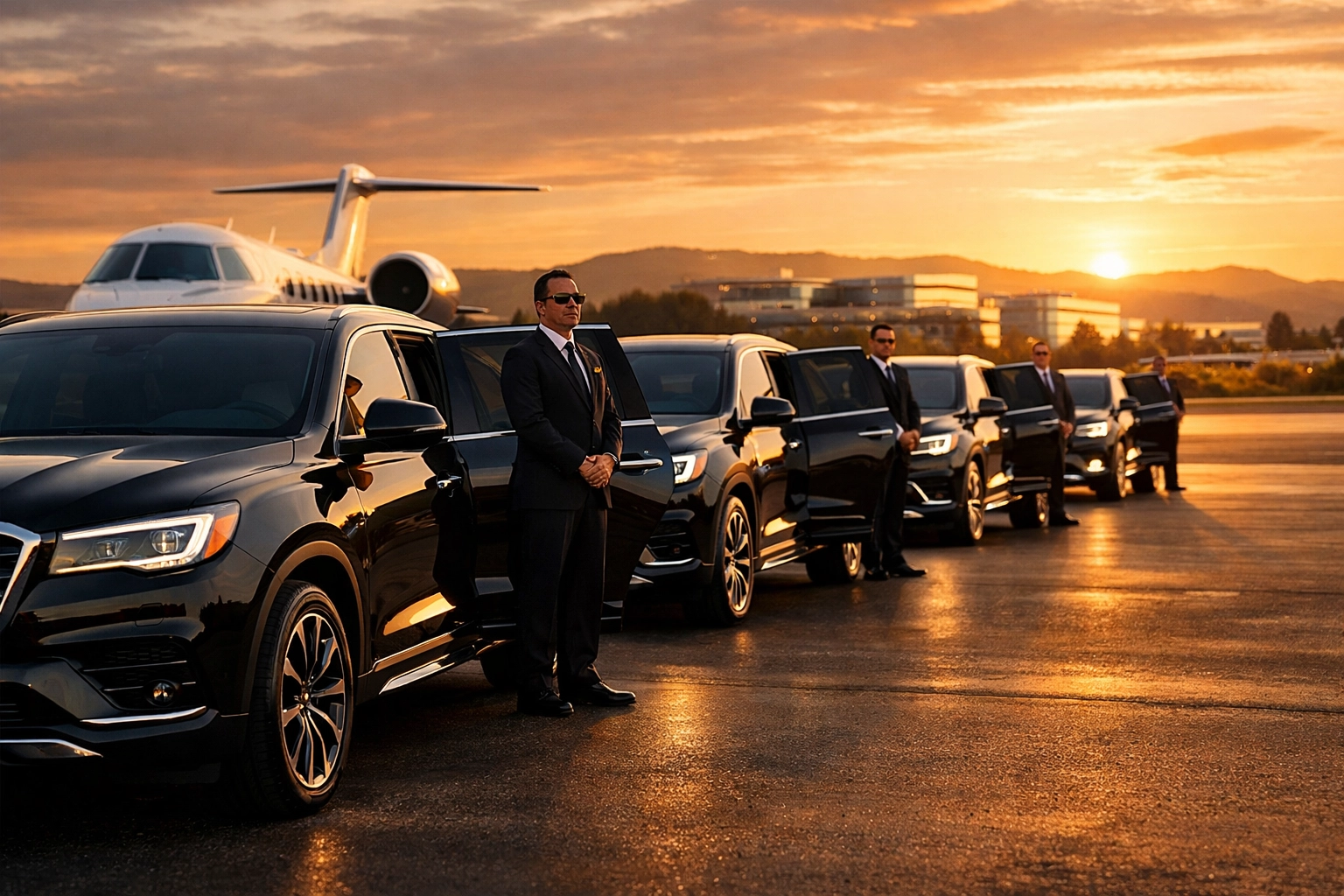 Executive luxury transportation fleet with private jet for Super Bowl corporate travel