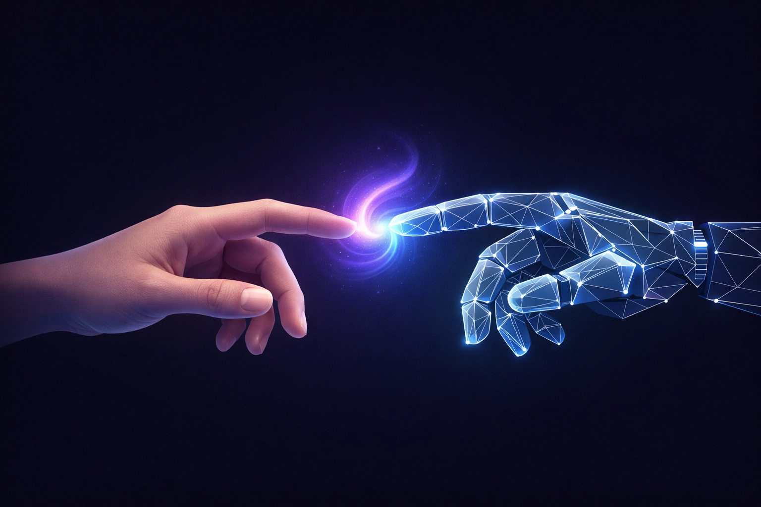 Human and digital hands connecting to show the synergy of human-led AI SEO expertise.