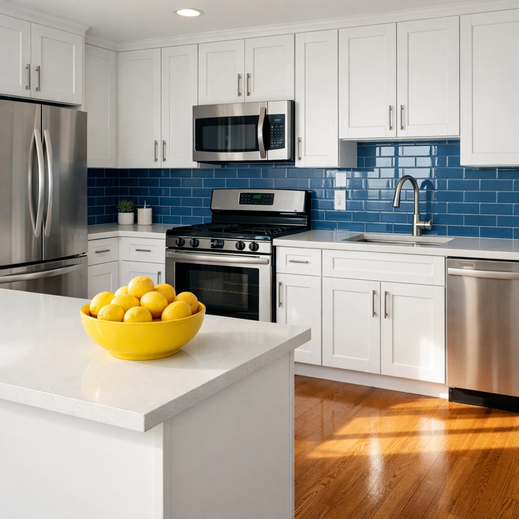 Spotless modern kitchen in a move-in ready apartment prepared for new tenants.