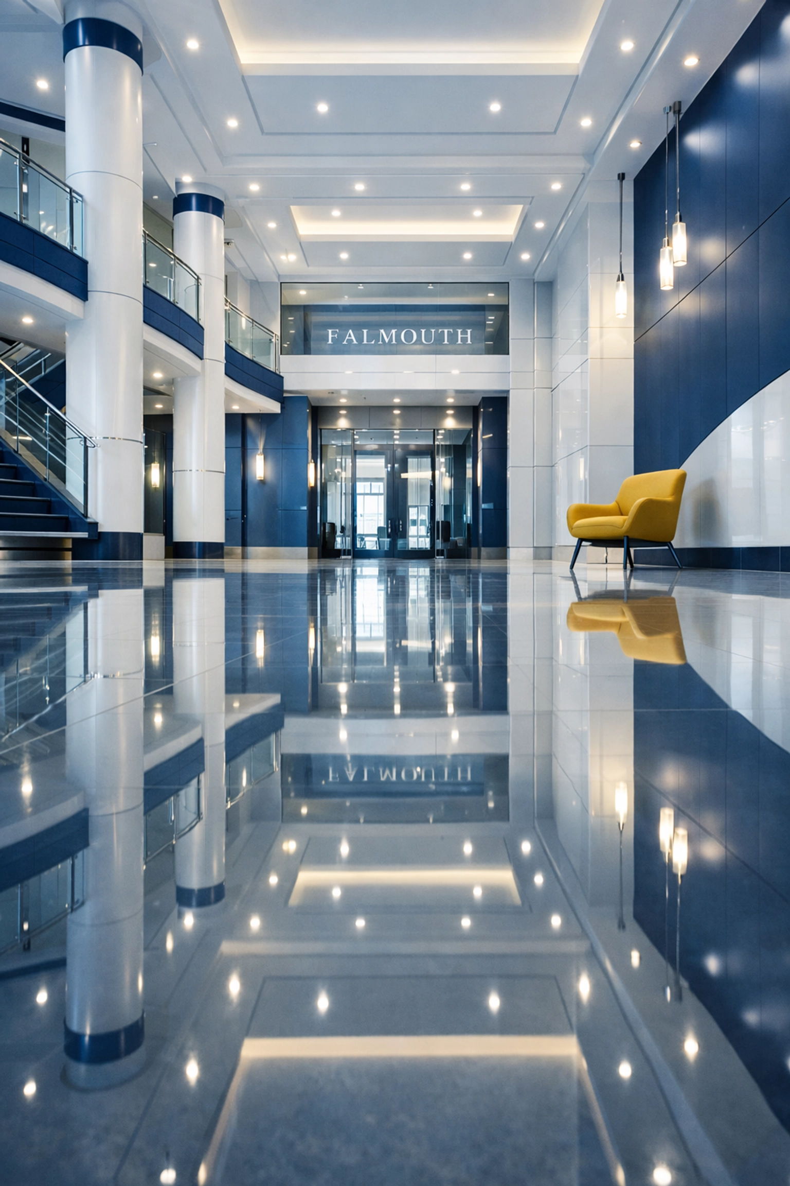 Professional floor maintenance for a prestigious Falmouth commercial lobby with a mirror-finish shine.