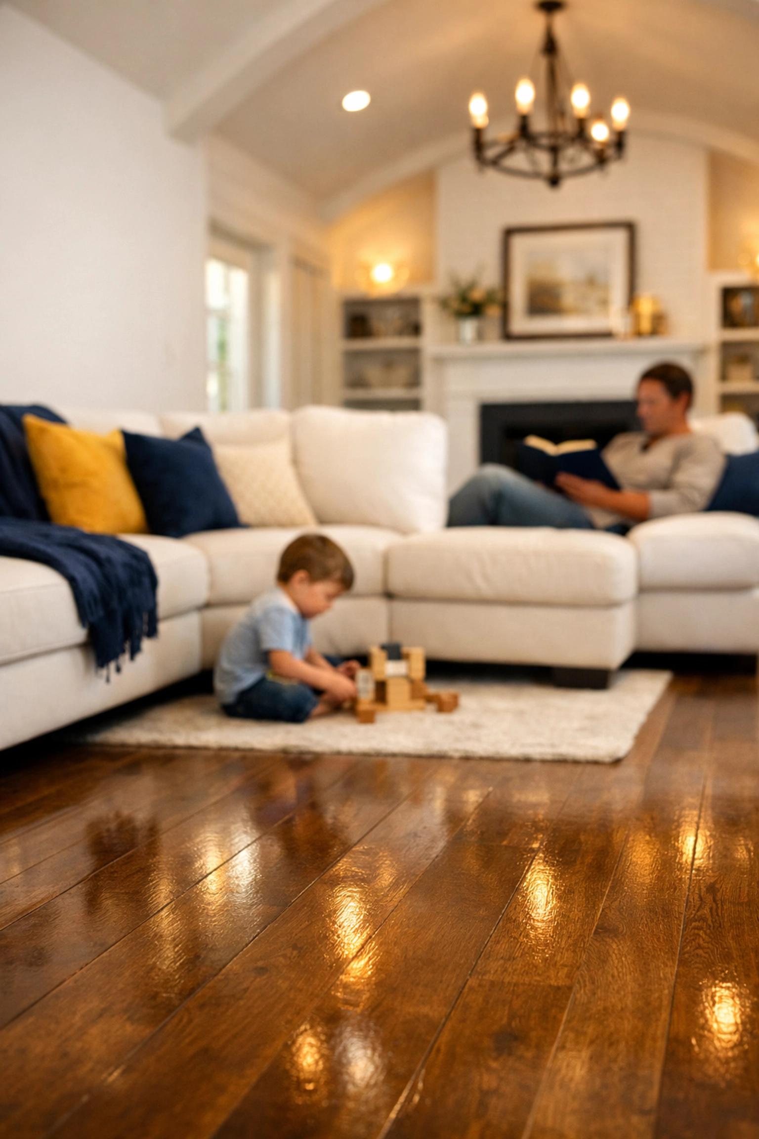 A family enjoys a serene living room after eco-friendly house cleaning from professional cleaners in Ashland.