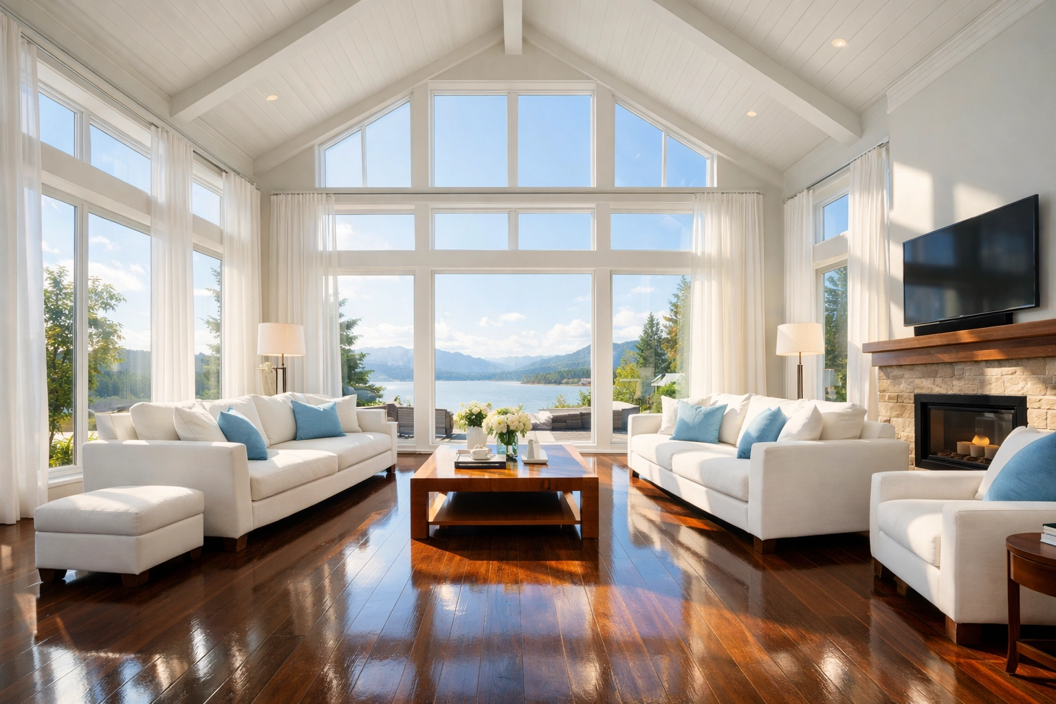 Sun-drenched living room in Lunenburg with clean hardwood floors and improved air quality.