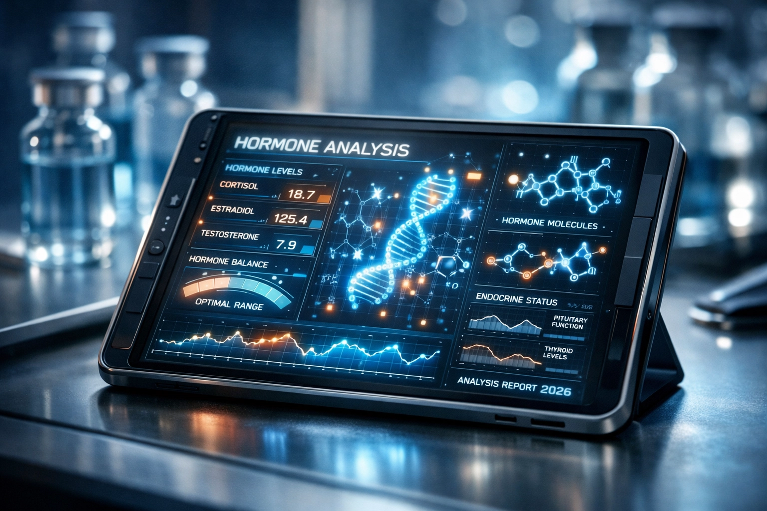 Digital tablet displaying hormone data visualizations for diagnosing Hashimoto’s and thyroid disorders.