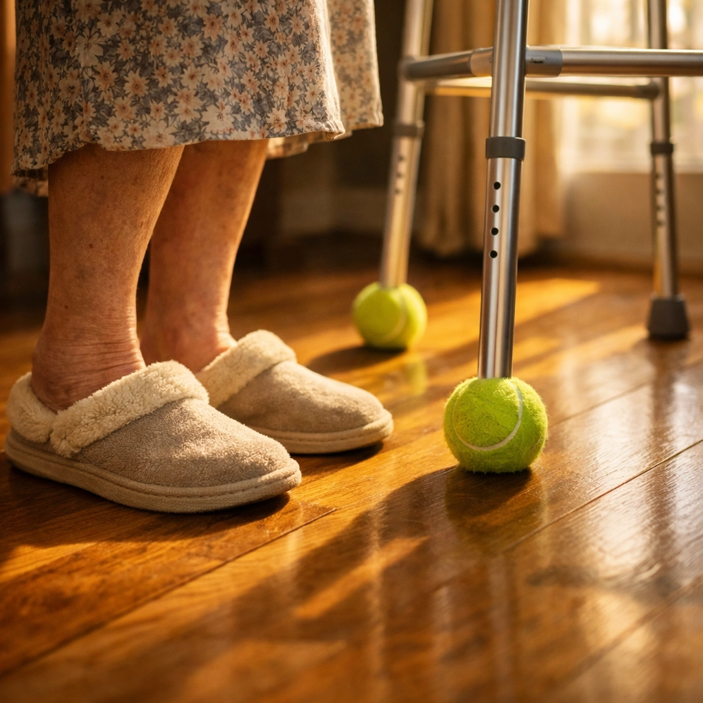 Elderly woman using walker for mobility support to prevent falls in dementia patients