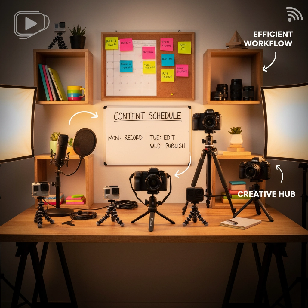 A well-organized content creator's workspace featuring cameras, microphones, lighting equipment, and a detailed content schedule highlighting a structured workflow from recording to publishing.