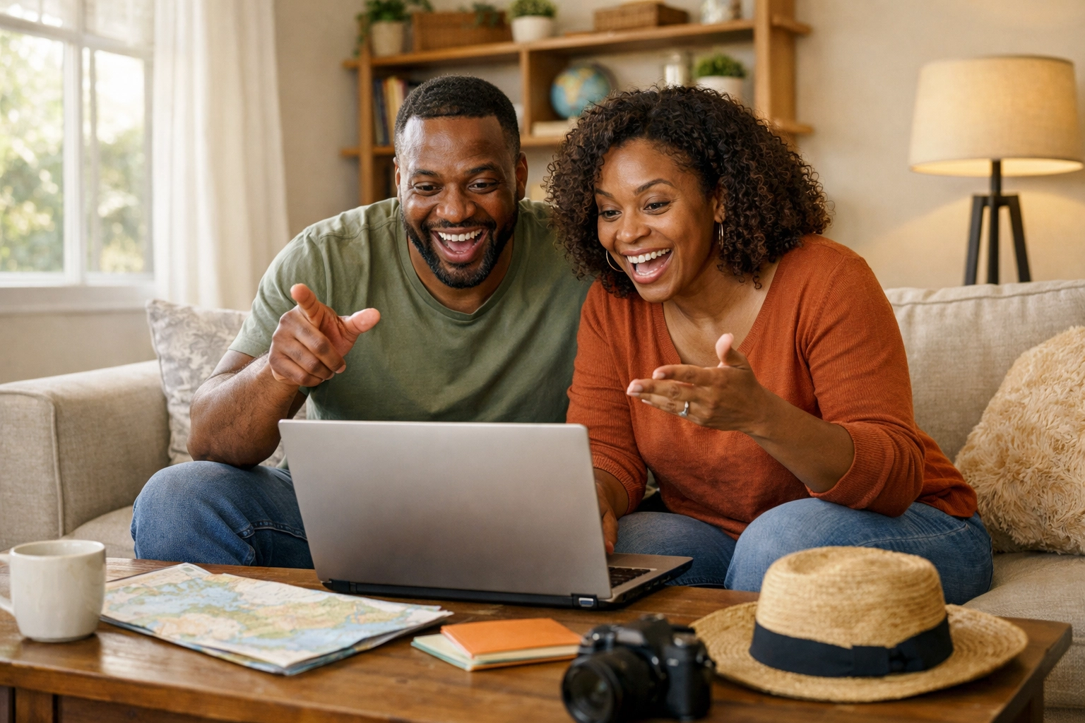 Excited couple during a travel consultation discovery call planning their dream vacation adventure.