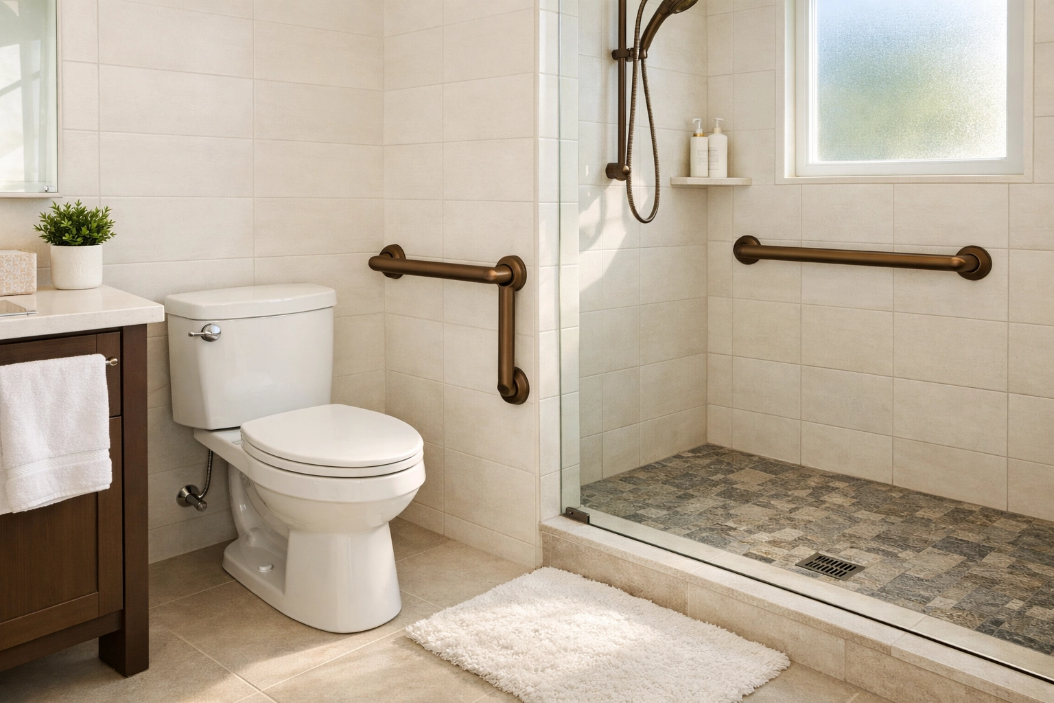 Safe bathroom featuring grab bars near the toilet and shower with non-slip flooring for fall prevention.