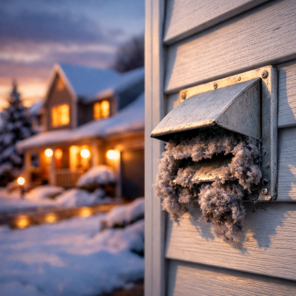 Clogged dryer vent with lint buildup on winter home exterior
