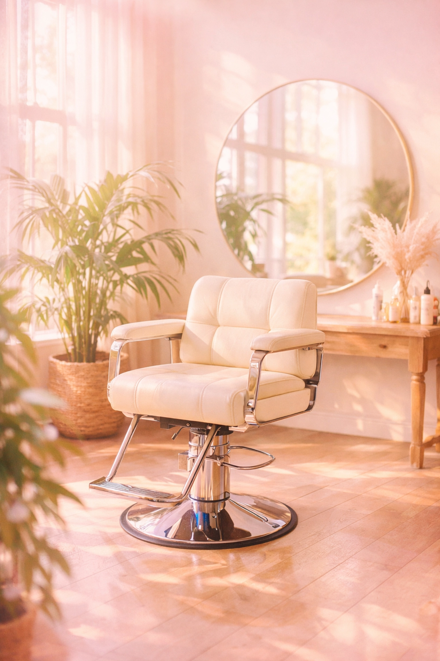 Peaceful salon chair in sunlit healing space representing transformation and self-care
