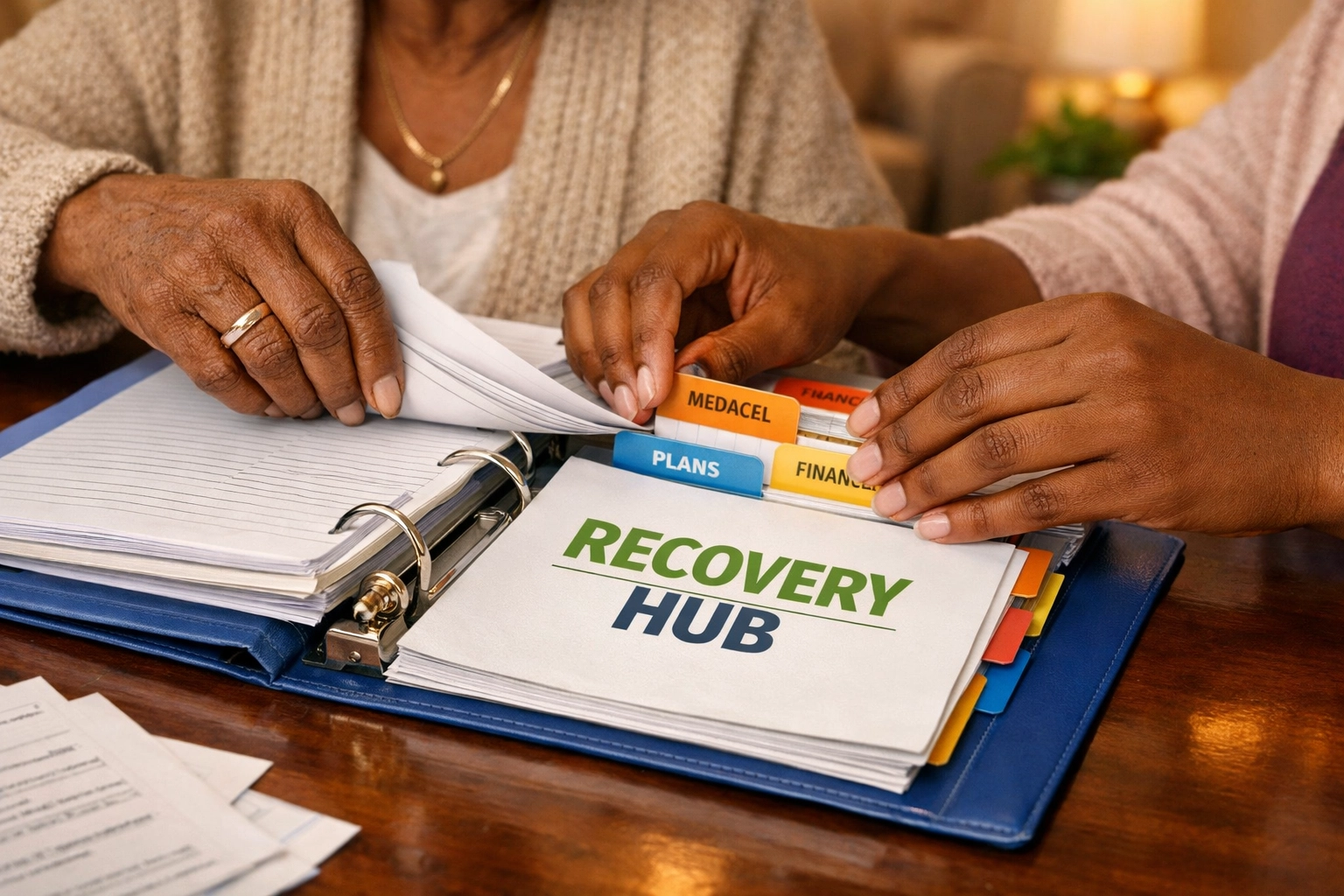 Organizing vital records and disaster recovery resources in a binder to help a family rebuild.