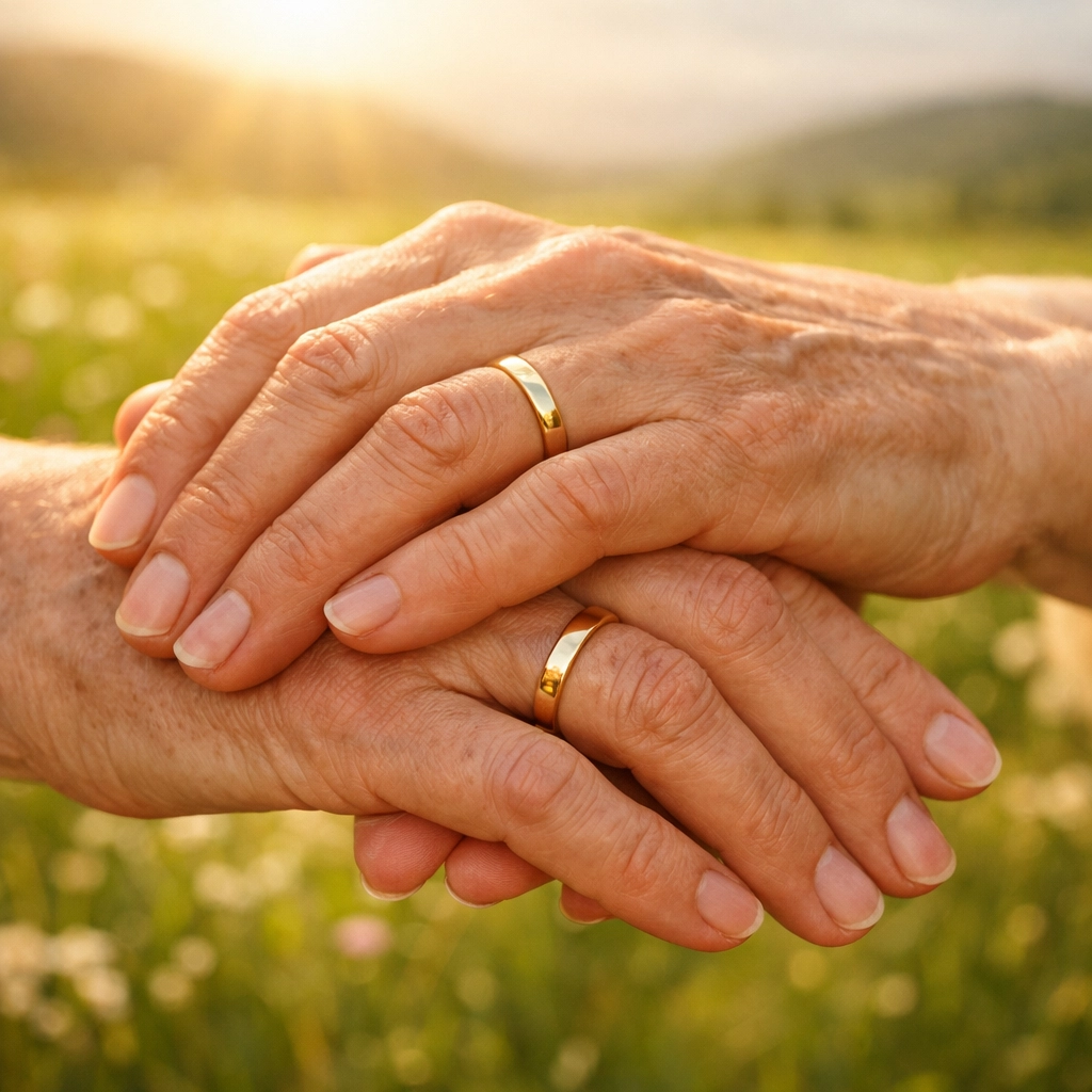 Intertwined hands with wedding bands symbolizing Iceland's marriage equality and the happy endings in gay literature.