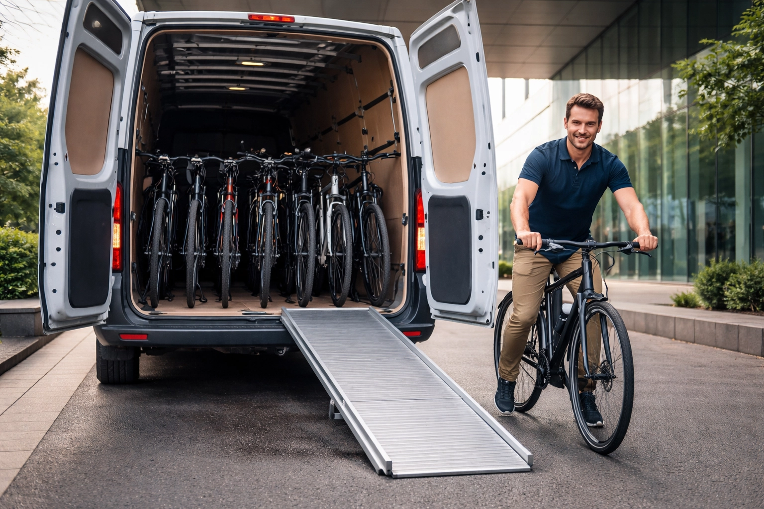 Variety of rental bikes being unloaded at a corporate event venue, showcasing bike rental UK logistics