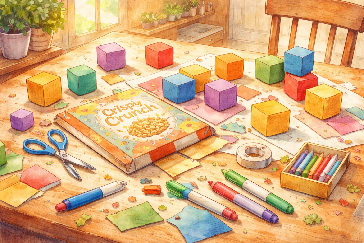 Family craft table with cardboard cubes, scissors, and markers for making story-starter dice at home